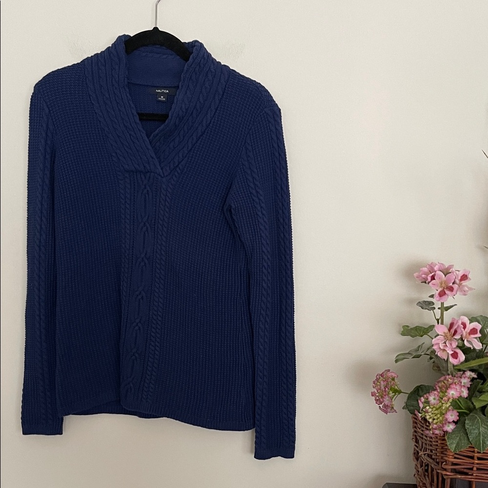 Nautica Women’s Blue V Neck Cotton Knit Cable Sweater - Picture 2 of 13
